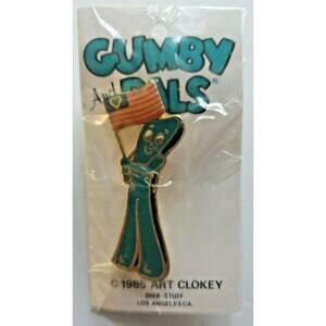 Gumby Enamel 1 1/4" Pin Packaged with Pin-back 1985 Art Clokey NIP Holding Flag